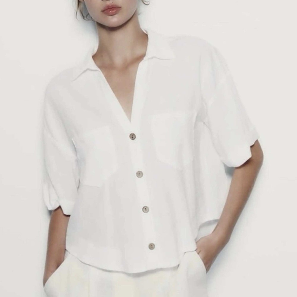 Zara White Linen Blend Button Down Crop Shirt Top Short Sleeve Minimalist XL
